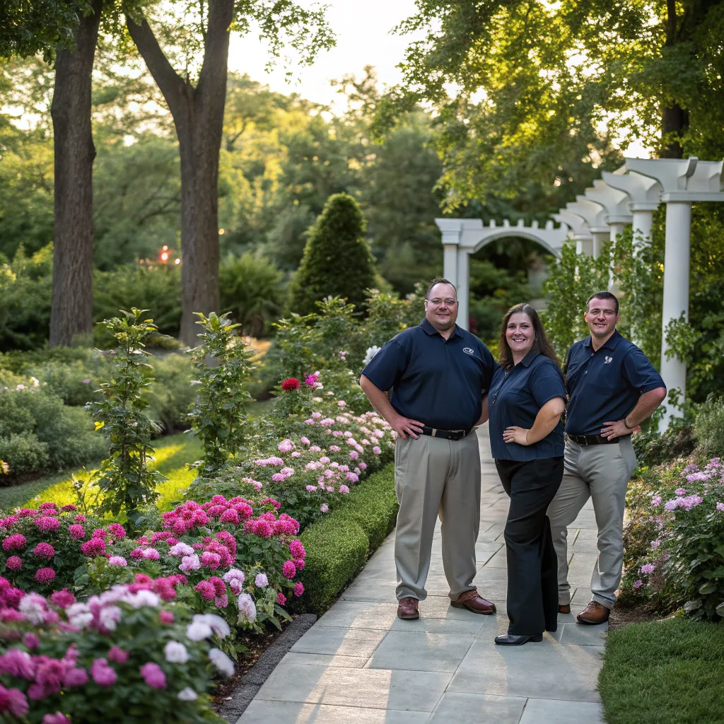 The MORENTHIX team standing proudly in a beautifully designed garden