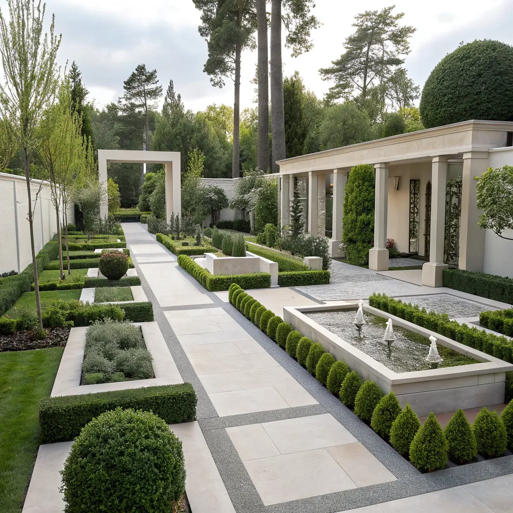 Modern garden with minimalist design and structured elements