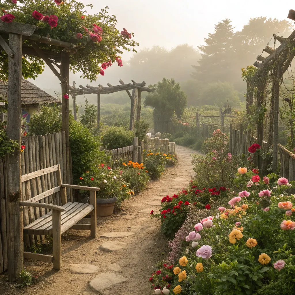 Rustic garden with natural wood elements and vibrant flowers