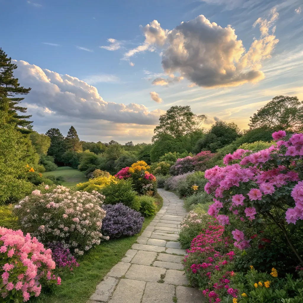 Serene garden with a variety of flowering plants