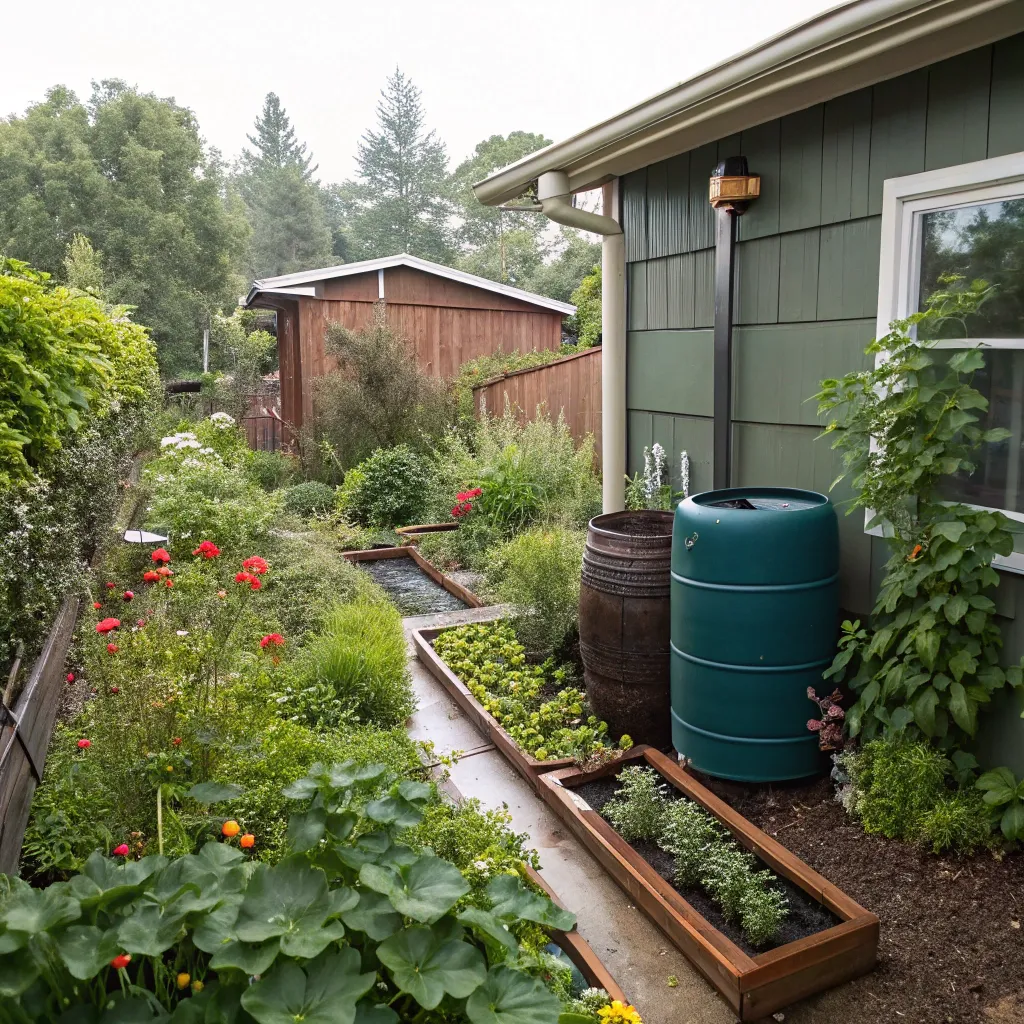 Sustainable garden practices including rainwater harvesting